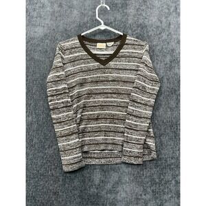 Acrylic Fibre Cropped Sweater Women Small Gray Striped Tight Knit Ribbed‎ V Neck